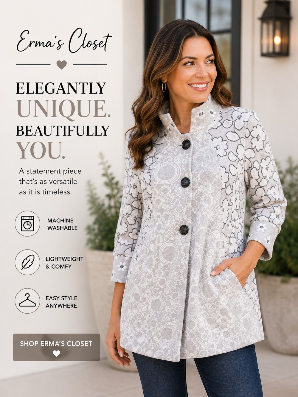 Erma's Closet Light Gray Floral Button Front Jacket